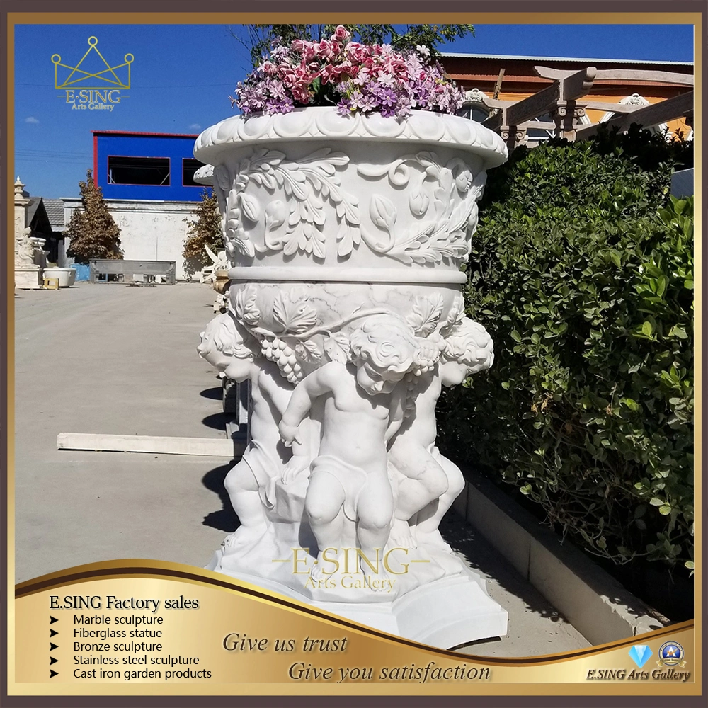 Carved Garden Angel White Marble Flowerpot