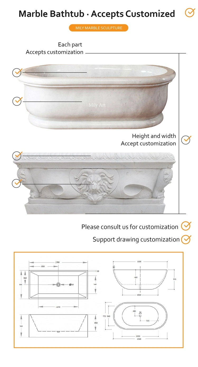 Design Home SPA Bathroom Basin Carved Solid Natural Stone White Marble Bathtubs